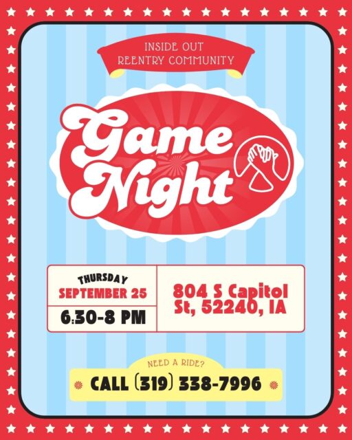 Calling all members! Join us for our next Game Night on September 25th from 6:30-8PM! You won't want to miss a thrilling bags/cornhole tournament and good company! Dinner will be provided. Need a ride? Call (319) 338-7996 for a ride!