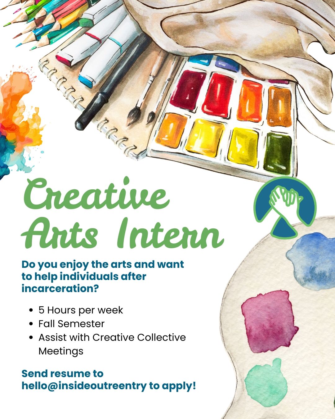 Inside Out Reentry Community is seeking a Creative Arts Intern for the Fall Semester! Help us facilitate and contribute to the healing power of art at our bi-weekly Creative Collective meetings! Send your resume to hello@insideoutreentry.com to apply! #iowacity #iowacityinternship #internship #reentry #reentrymattes