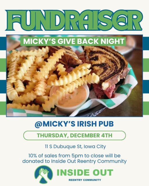 Join us next week for @mickysic Give Back Night on December 4th from 5pm-close. 10% of sales will be donated to Inside Out to support our mission! #dineout #giveback #reentrymatters