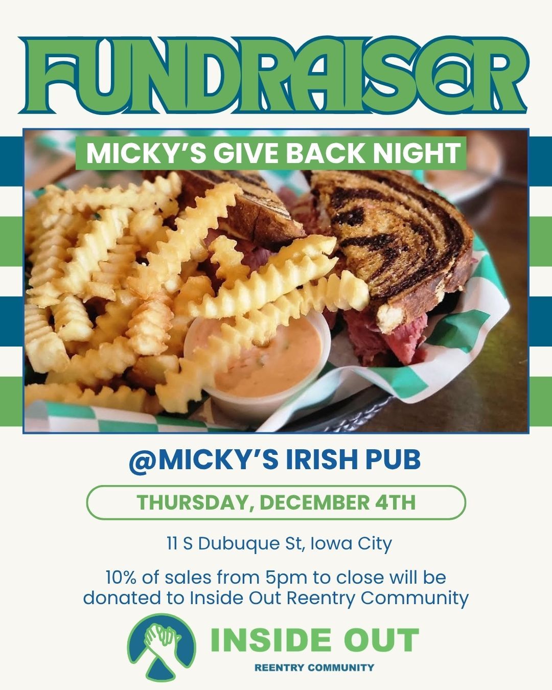Join us next week for @mickysic Give Back Night on December 4th from 5pm-close. 10% of sales will be donated to Inside Out to support our mission! #dineout #giveback #reentrymatters