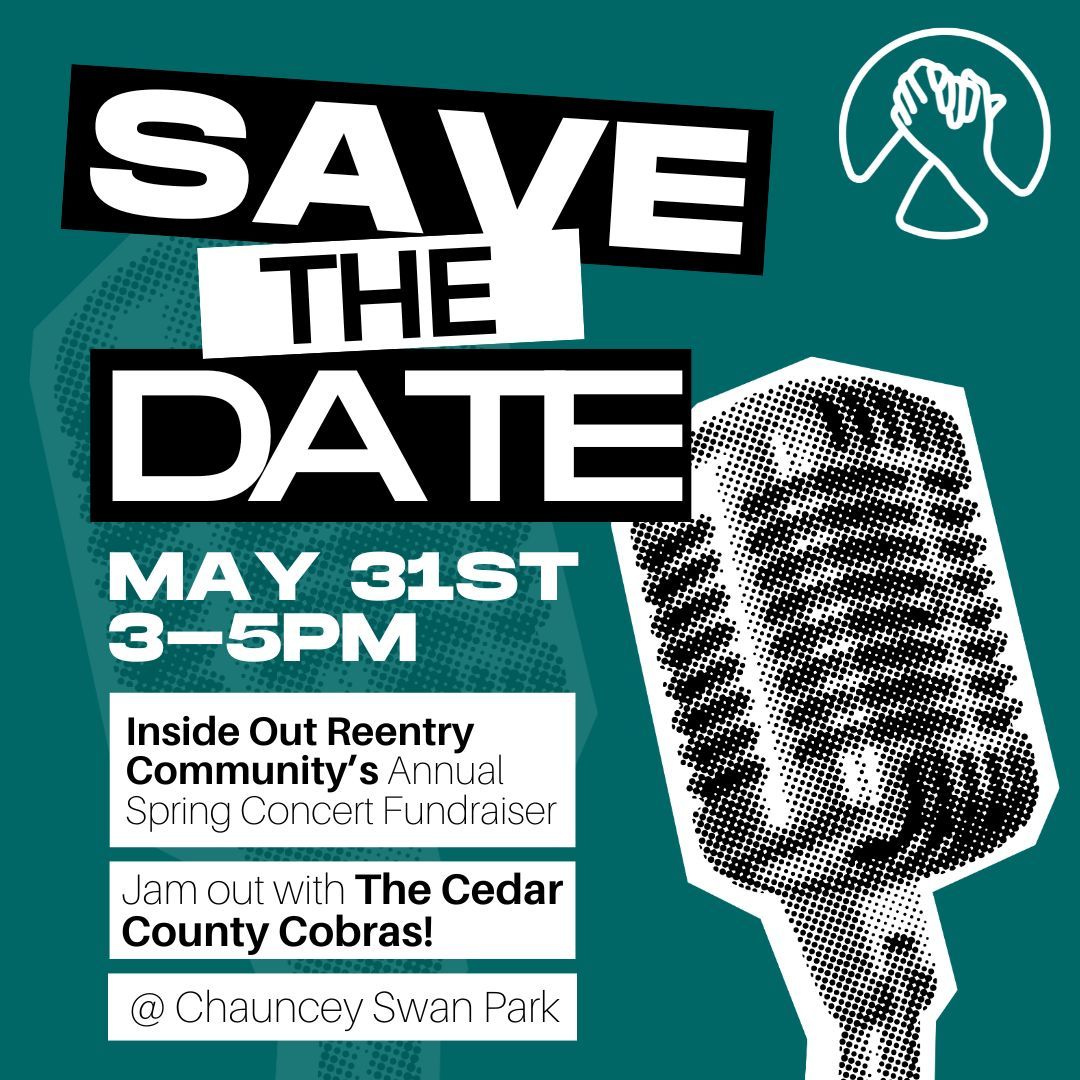 Mark your calendars for May 31st and join us for our Annual Spring Concert Fundraiser with the @cedarcountycobras at Chauncey Swan Park from 3-5 pm! Help us maintain our mission to provide much needed resources for Johnson County citizens returning from incarceration!
