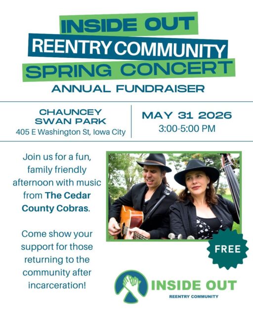 We are thrilled to announce our annual Spring Concert Fundraiser! Join us on May 31st from 3-5 pm at Chauncey Swan Park and enjoy a fun afternoon with the  @cedarcountycobras. There will be incredible raffles and concessions to help continue our mission to help folks on their reentry journey in Johnson County!