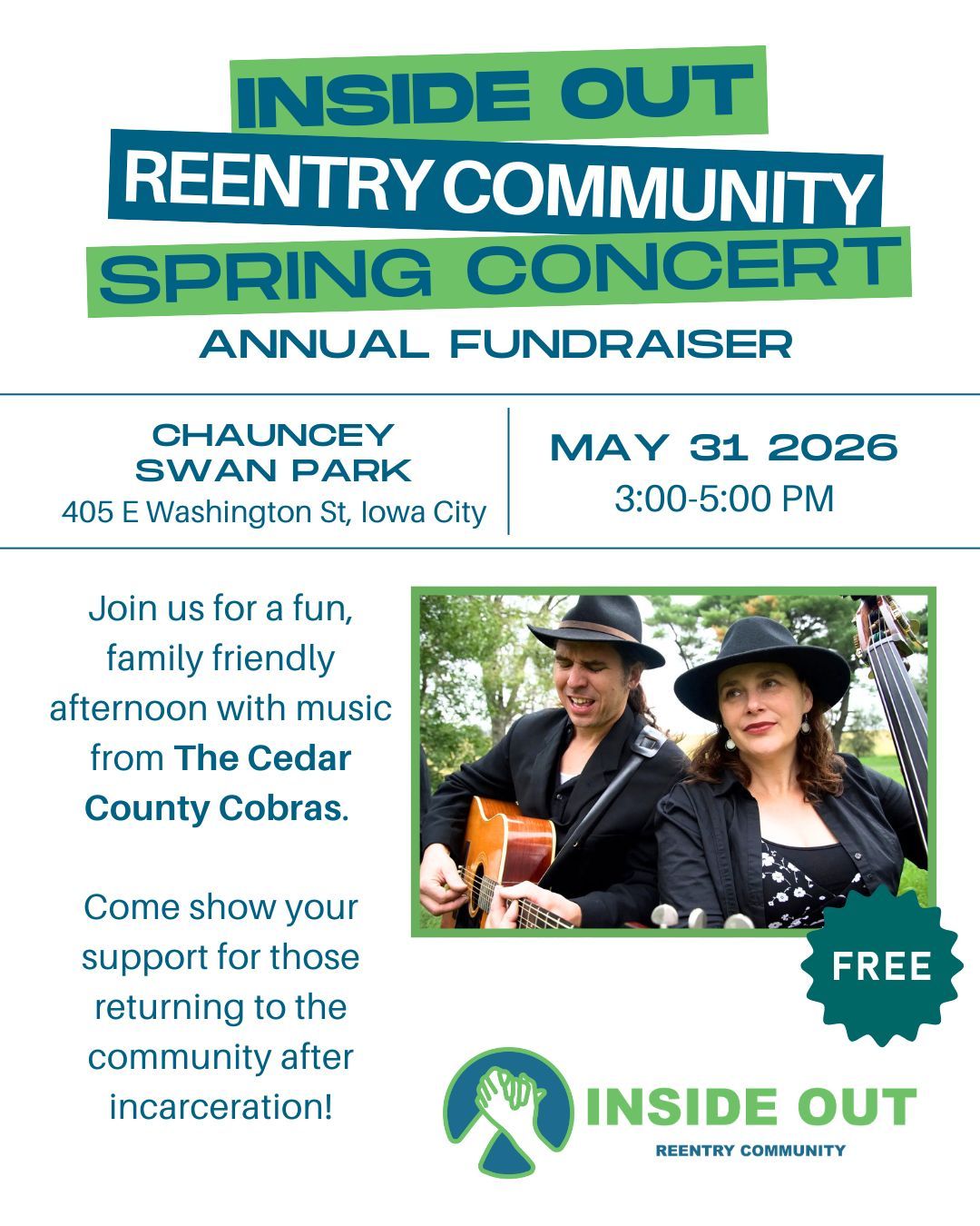 We are thrilled to announce our annual Spring Concert Fundraiser! Join us on May 31st from 3-5 pm at Chauncey Swan Park and enjoy a fun afternoon with the  @cedarcountycobras. There will be incredible raffles and concessions to help continue our mission to help folks on their reentry journey in Johnson County!