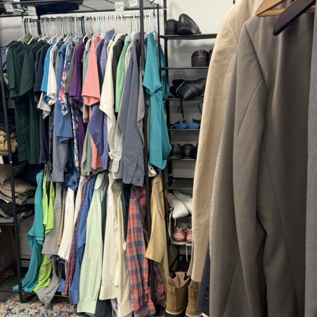 As the weather warms up, it’s a good time to get ready for the season ahead. Our clothing closet has options available for our members, including clothes, shoes, and socks. 
We’re also currently accepting donations of men’s summer clothing. If you’re able to give, we appreciate the support!