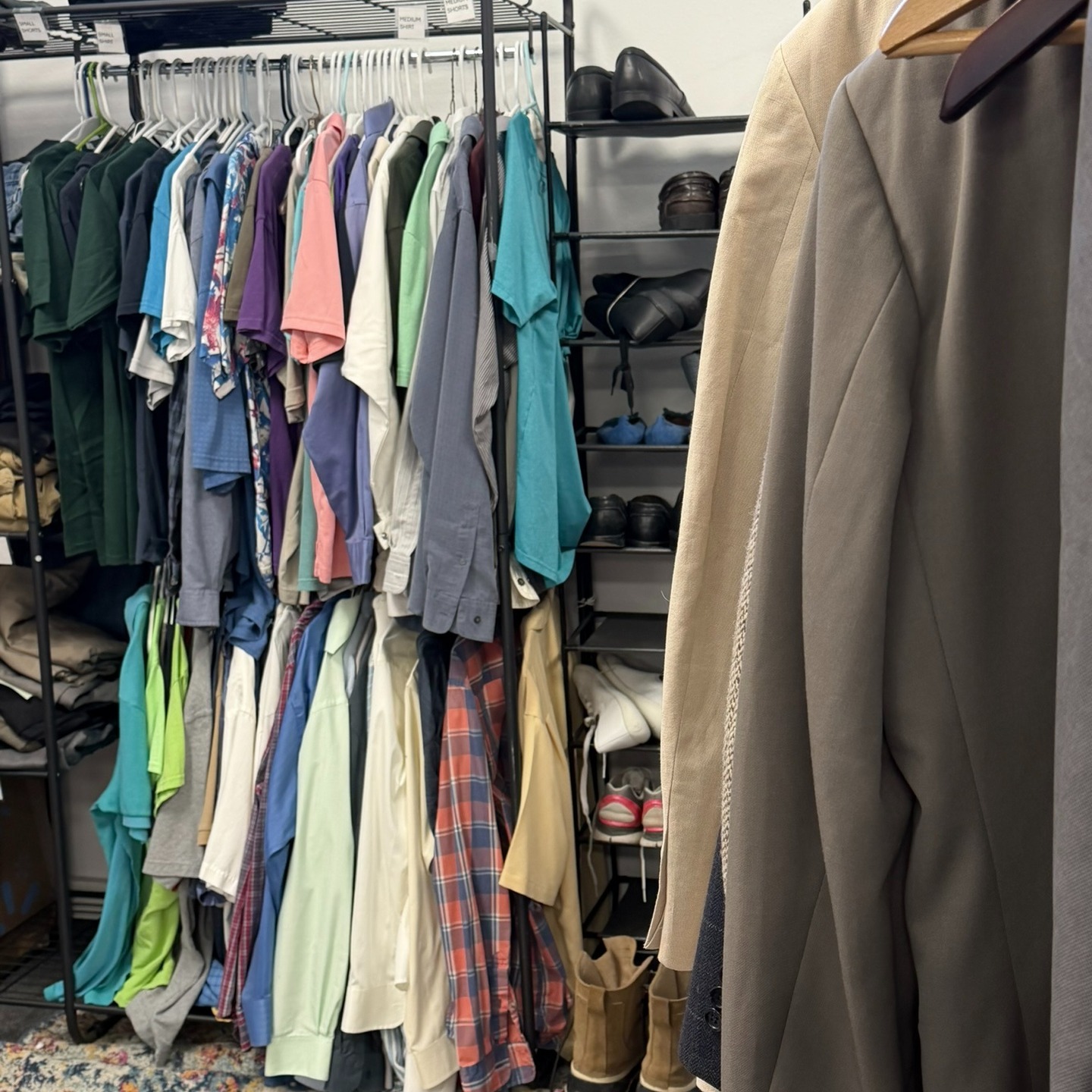 As the weather warms up, it’s a good time to get ready for the season ahead. Our clothing closet has options available for our members, including clothes, shoes, and socks. 
We’re also currently accepting donations of men’s summer clothing. If you’re able to give, we appreciate the support!