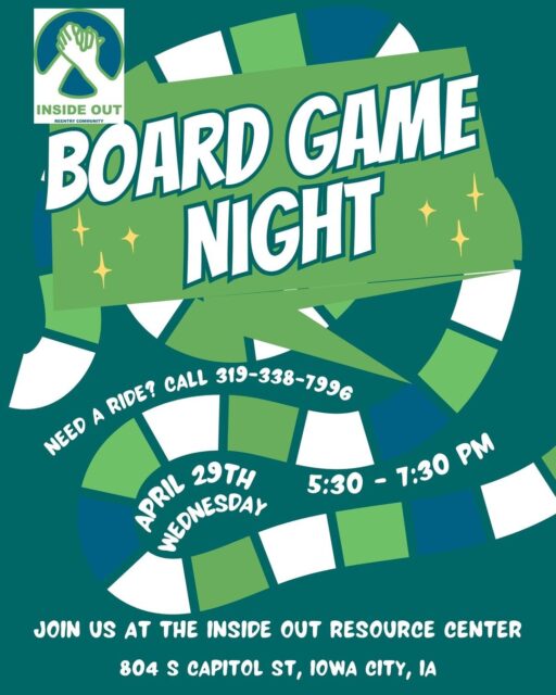 Hey members!! 🎲
Join us for a fun night of board games on April 29 from 5:30–7:30 p.m. at the Resource Center (804 S. Capitol St., Iowa City).
Come hang out, play some games, and connect with others! Need a ride? Call 319-338-7996.