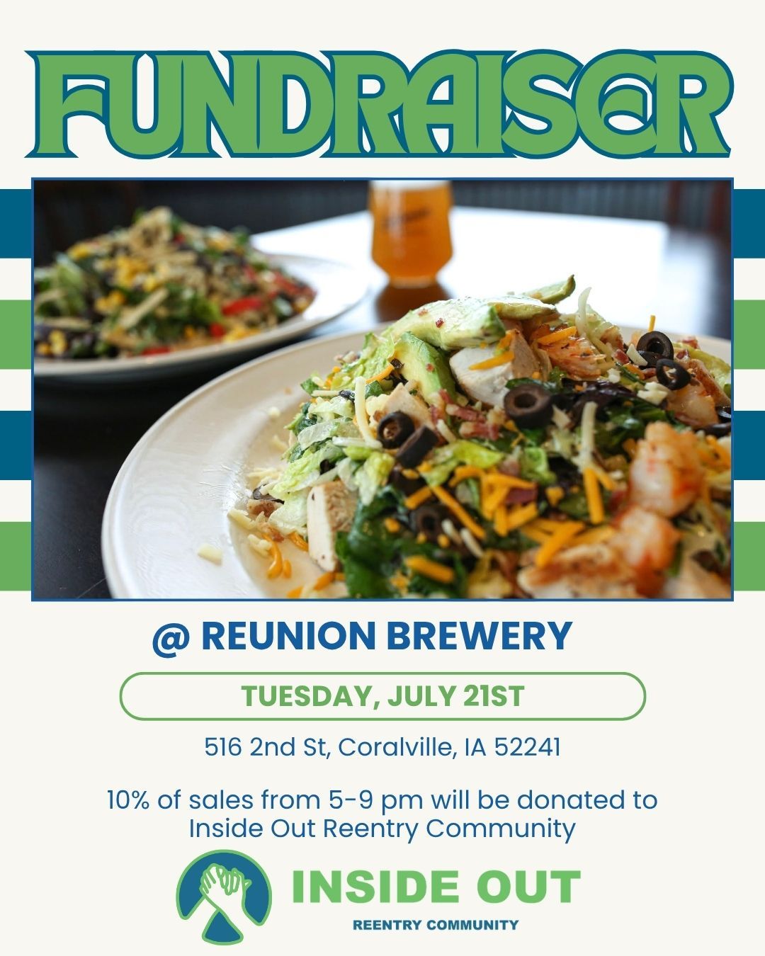 Save the date! Next Tuesday on July 21, Inside Out will be at ReUnion Brewery for our monthly restaurant partnership. From 5-9pm ReUnion will donate 10% of their sales to Inside Out!
#reentry #reentrymatters #dineoutforcharity