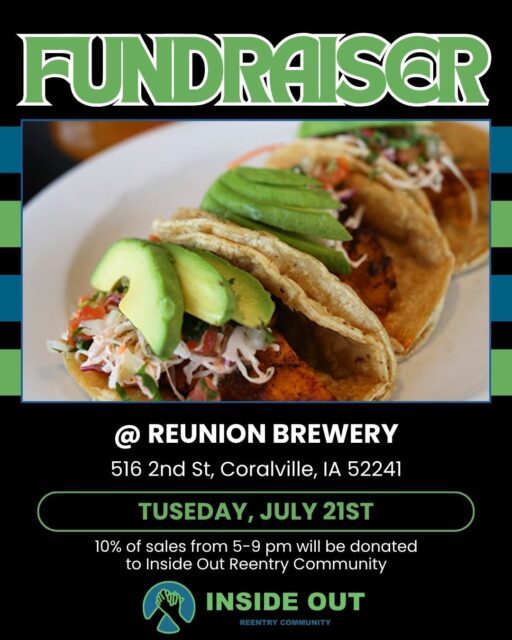 Join us today at @reunionbrewery in Coralville! From 5-9pm ReUnion will donate 10% of their sales to Inside Out! #reentry #reentrymatters #dineoutforcharity
