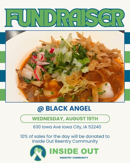 Save the date and join us next Wednesday at The Black Angel in Iowa City. 10% of sales for the day will be donated to Inside Out Reentry Community! #reentry #reentrymatters #dineoutforcharity
