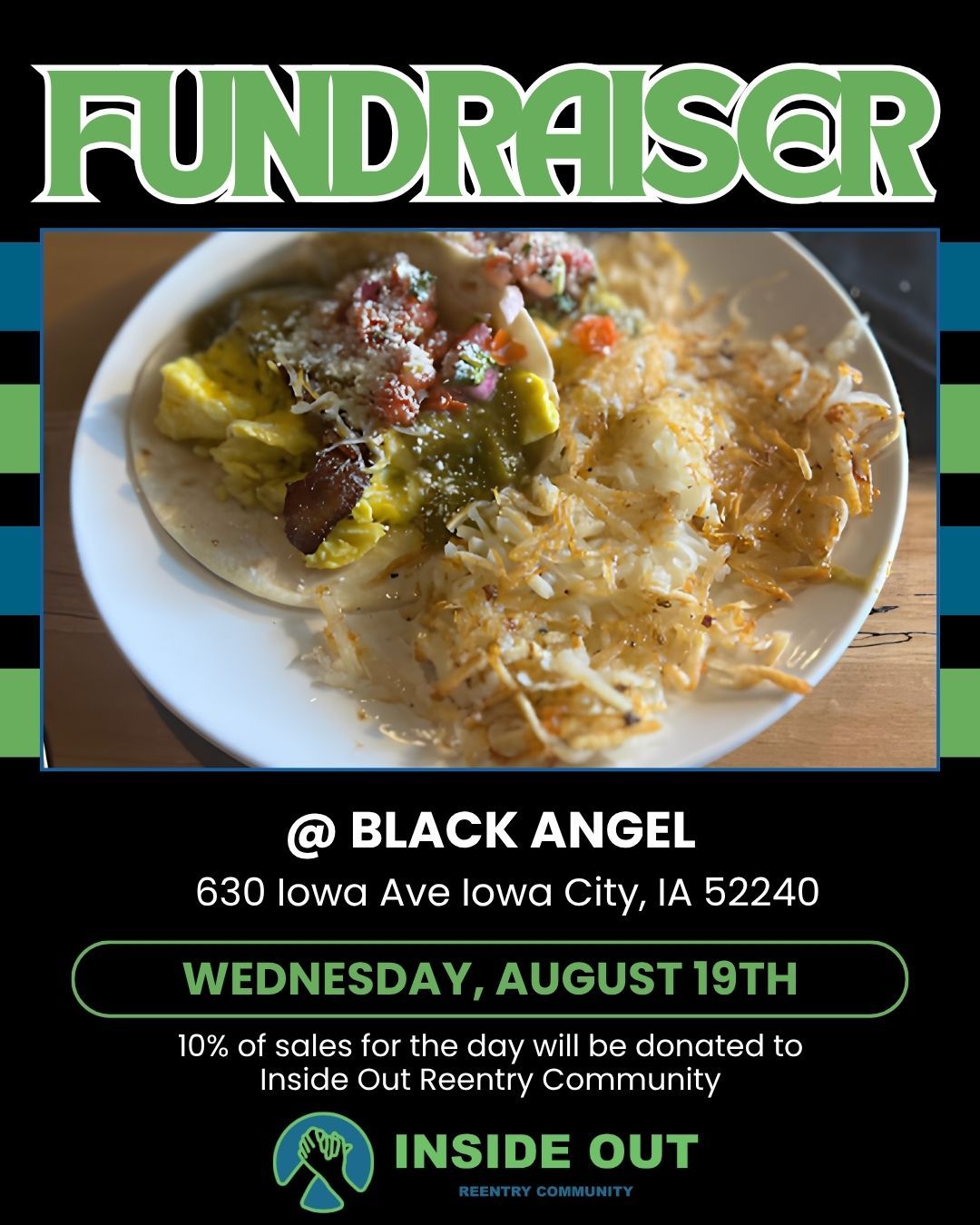 Join us today and support a great local restaurant and our mission to help those reentering the community after incarceration. We are partnering with The Black Angel in Iowa City. 10% of sales for the day will be donated to Inside Out Reentry Community! #reentry #reentrymatters #dineoutforcharity