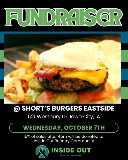 Join us today at @shortseast Enjoy fantastic burgers and other great food - either dining in or carrying out! 15% of dine in and carryout after 4 pm will go to Inside Out Reentry Community in support of those reentering the community after incarceration! #reentrymatters #dineoutforcharity