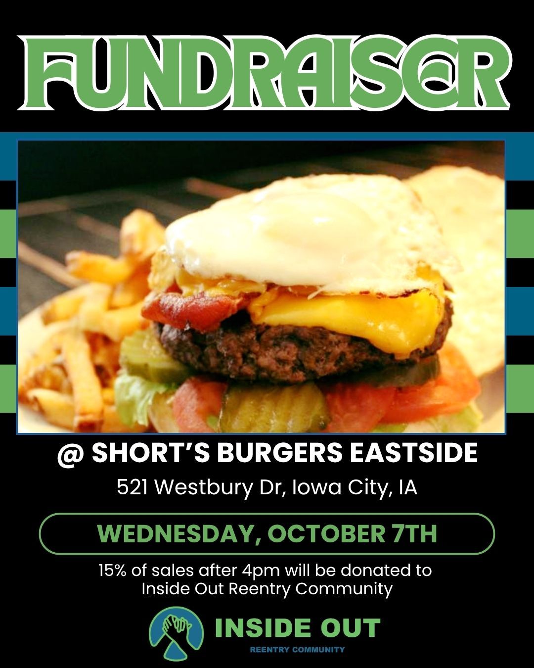 Join us today at @shortseast Enjoy fantastic burgers and other great food - either dining in or carrying out! 15% of dine in and carryout after 4 pm will go to Inside Out Reentry Community in support of those reentering the community after incarceration! #reentrymatters #dineoutforcharity