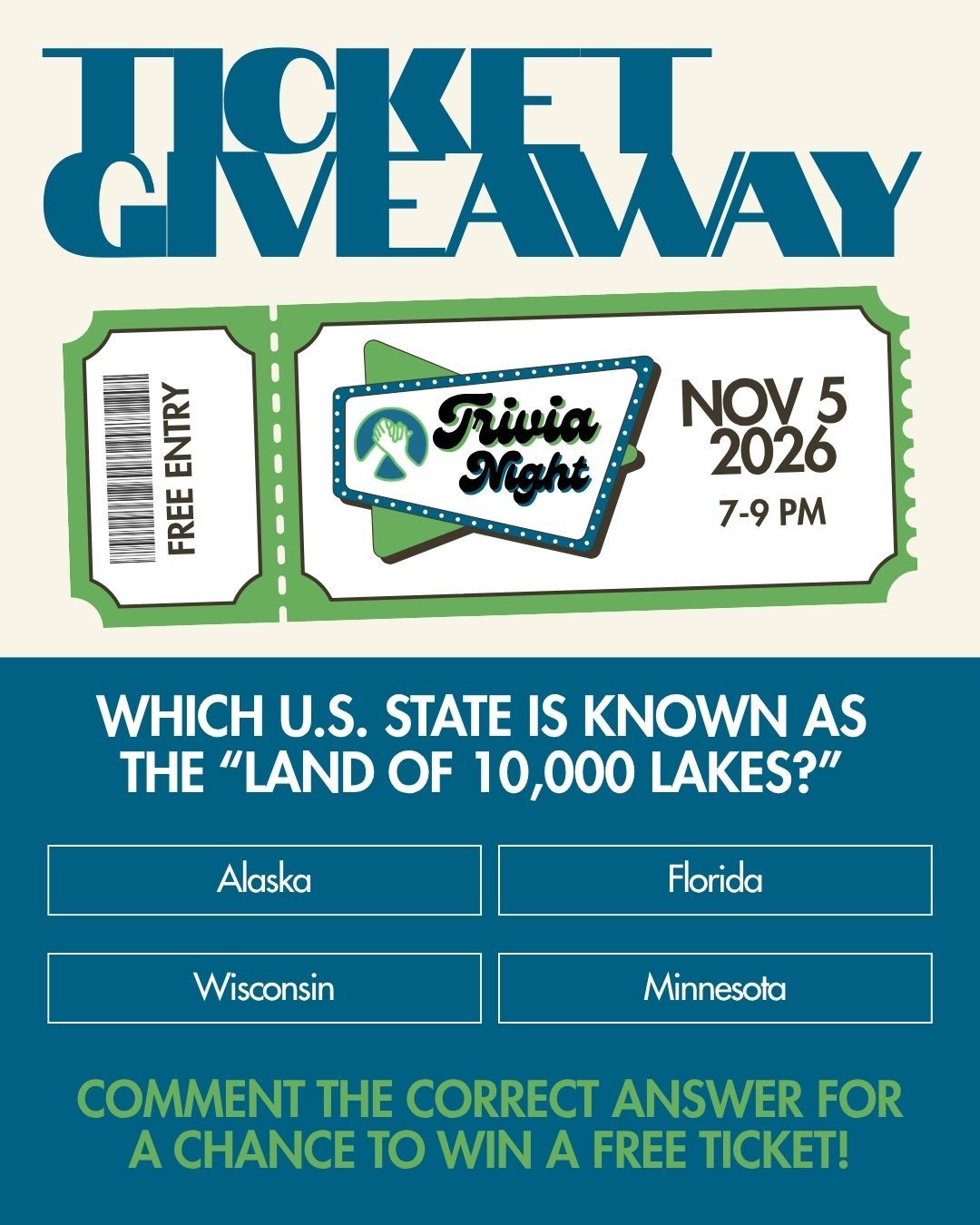 Comment the correct answer below for a chance to win a free ticket to our annual Trivia Night on November 5th, from 7-9 PM! Winner will be announced Friday at 12pm! You do not want to miss your chance to attend this action-packed evening!