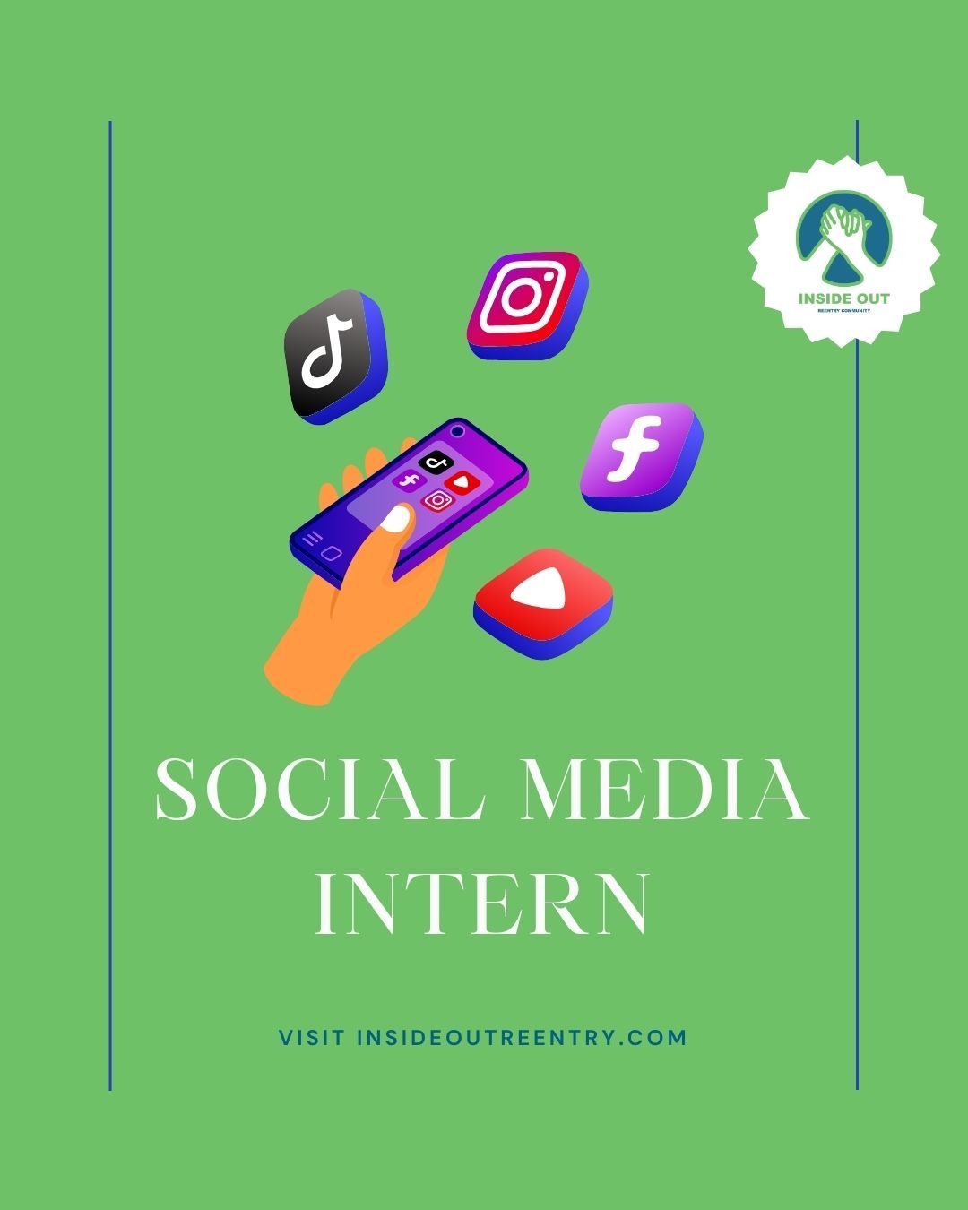 Our Social Media Intern Awbree is shifting to other duties with us and we're looking for someone to take on her role! Do you have social media skills and a passion for supporting folks in your community? 📱This volunteer internship is focused on social media and marketing for Inside Out Reentry Community. See our website for more information - or reach out to hello@insideoutreentry.com with any questions!