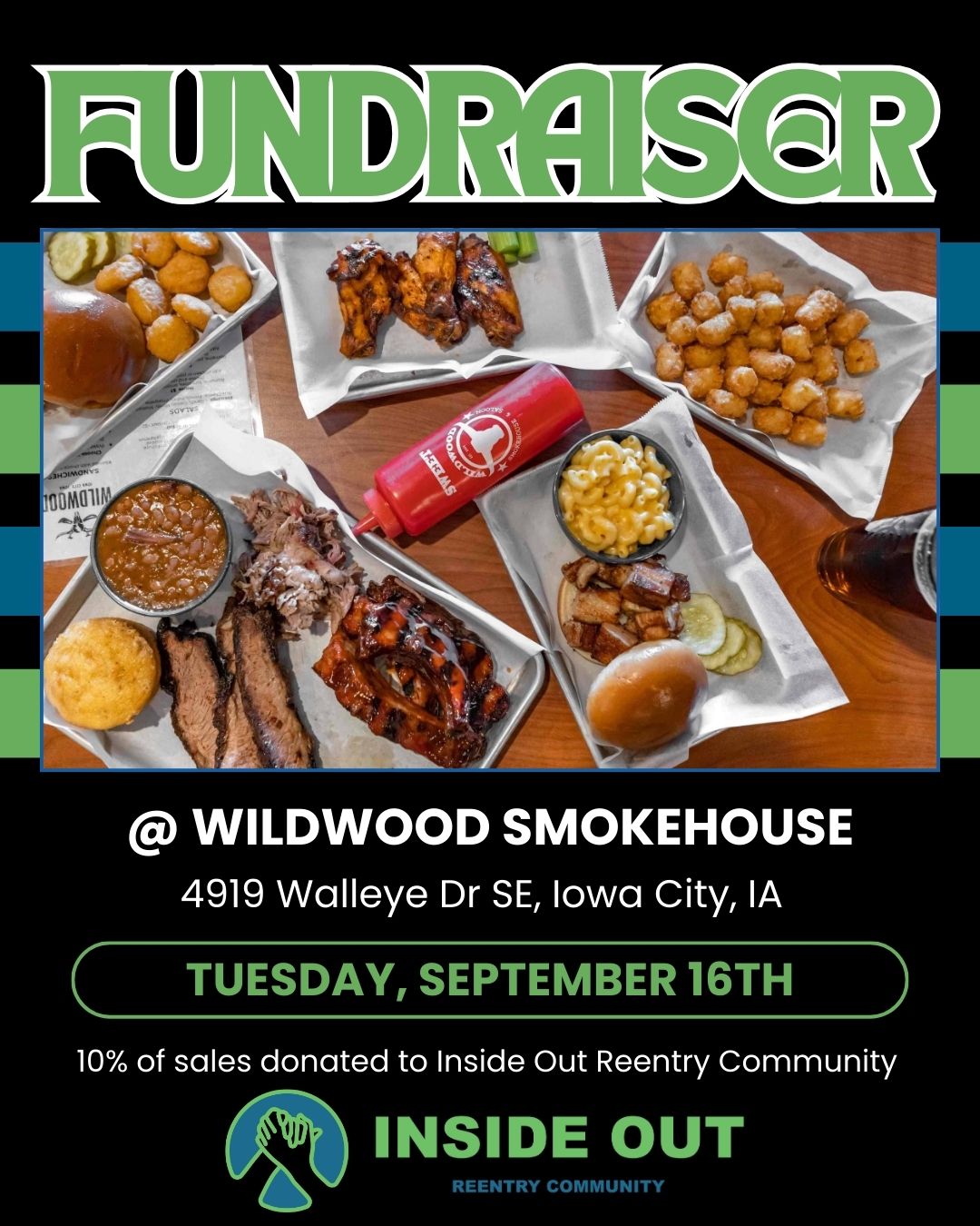 Today from 11am-9pm! Join us at @wildwoodiowacity and support those returning to the community after incarceration. 10% of sales for today will be donated to Inside Out. #reentry #reentrymatters #incarceration #eatoutforacause