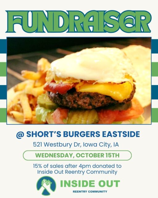 Next week on October 15th! Enjoy fantastic burgers and other great food at @shortseast - either dining in or carrying out! 15% of dine in and carryout after 4 pm will go to Inside Out Reentry Community in support of those reentering the community after incarceration! #reentry #reentrymatters